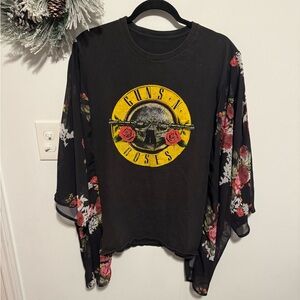 Upcycled Guns N' Roses Black Graphic Tee with Floral Kimono Sleeve